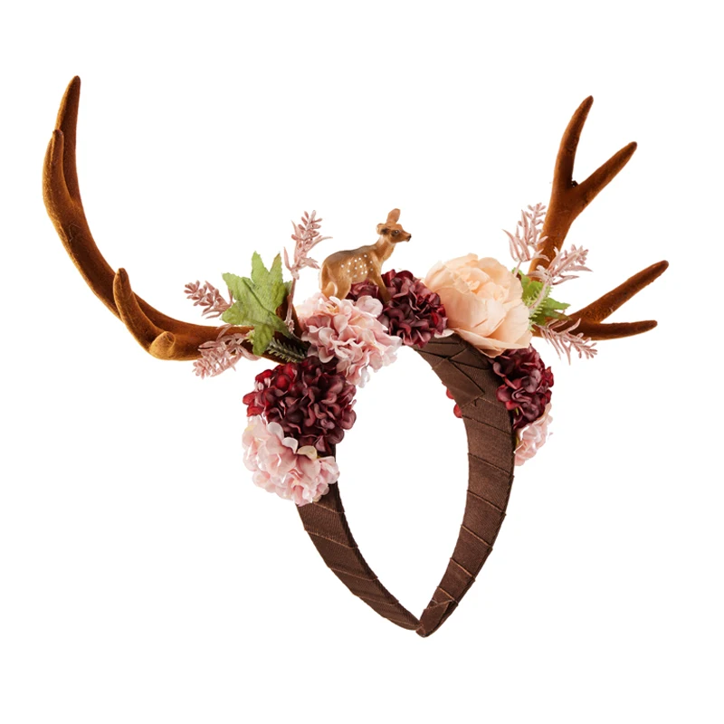 Handmade Christmas Antler Headband Gothic Retro Elk Flowers Hairband Halloween Xmas Party Cosplay Headwear