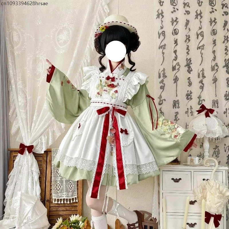 

2025spring new Sweet Bow Embroidery Kawaii Student Long Sleeve Lolita Dress Cosplay Original Chinese Style Loli Dress Apron Suit