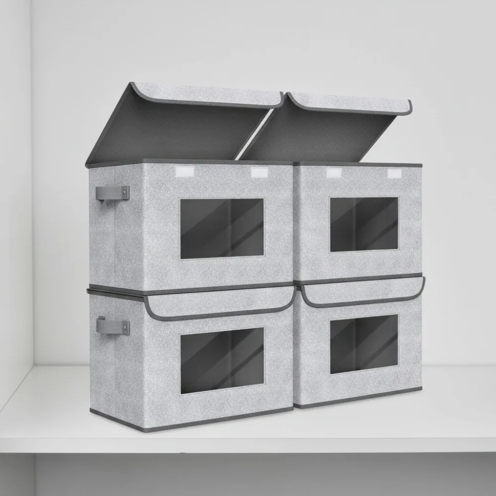 

Большие складные ящики для хранения из 4 предметов с крышками, штабелируемые тканевые контейнеры для организации дома, серые 17x12x12