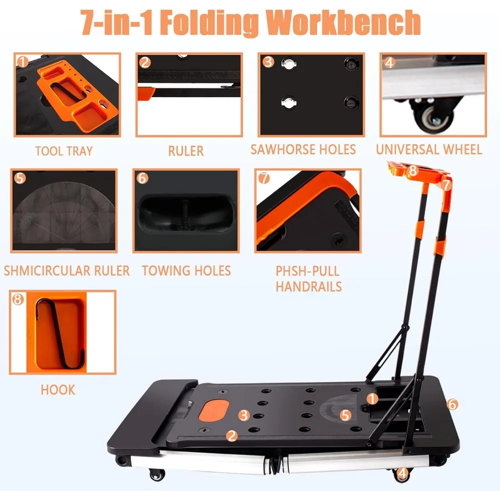 Multifunctional Foldable 7-in-1 Portable Workbench with Wheels - Work Platform, Scaffold, Dolly, Sawhorse, Car Creeper, and More