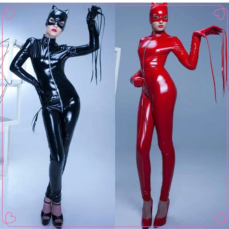 

Black Tigh PVC Leather Catsuit Exotic Sexy Zipper Open Crotch Stretchable Bondage Jumpsuit Catwomen Clubwear Uniform