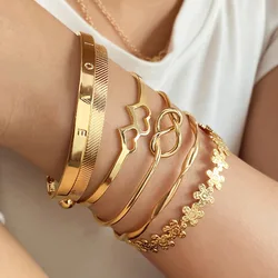 6Pcs Set New Elegant Letter Love Bangle Gold Color Flower Open Mouth Double Heart Metal BraceletSet Female Trendy Party Jewelry