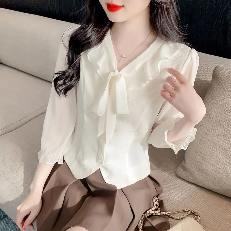 Women\'s Fashion Vintage Ruffles Lace Up Bow Shirt Elegant Chic Sweet Slim Blouse Casual Solid Long Sleeve Tops Blusas Para Dama