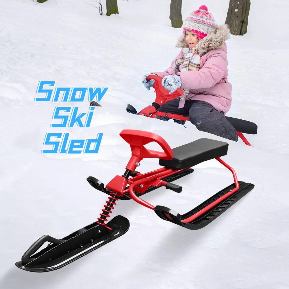 

Ski Sled with Steering Wheel Snow Racer Sled Ski Sled with Steering Wheel and Twin Brakes for Kids Teens and Adults