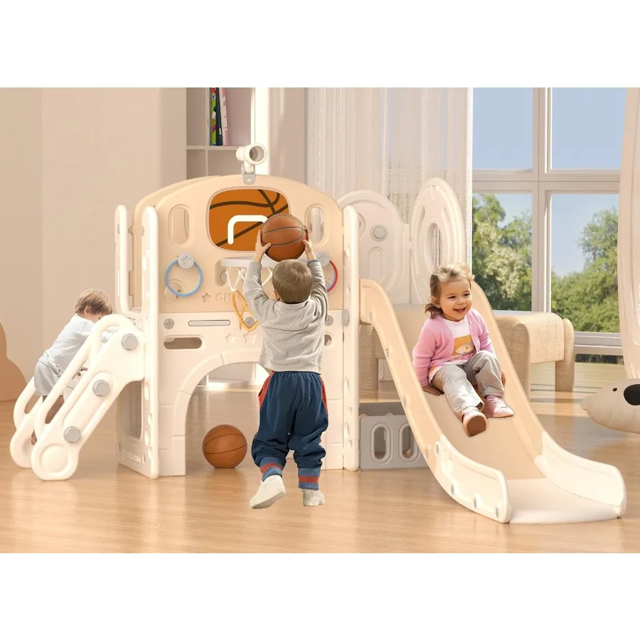 

8 in 1 Toddler Slide Set for Ages 1+ with Basketball Hoop and Ball Beige Coffee Outdoor Indoor Playground Playset