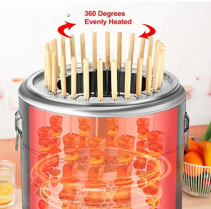 Smokeless Barbecue Charcoal Barrel Grill Stainless Steel Surround Charcoal Kebab Grill with 28 Skewers BBQ Grill Cooking Grate