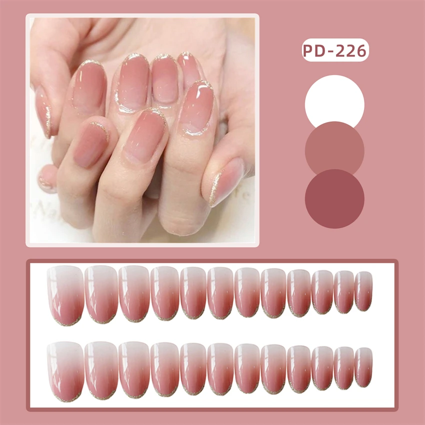 24Pcs/Set Peach Peach Halo Design Art Fake Nail Pieces Fashion French Acrylic Press on Nail Full Cover Wearing False Nails Tips