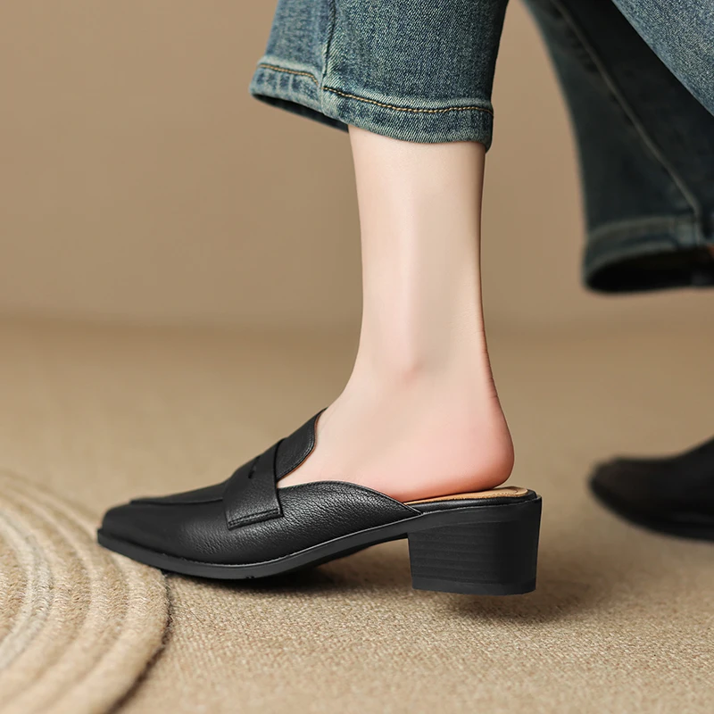 Summer Women Sandals Genuine Leather Shoes for Women Pointed Toe Concise Modern Sandals Chunky Heel Women Mules Solid Slippers