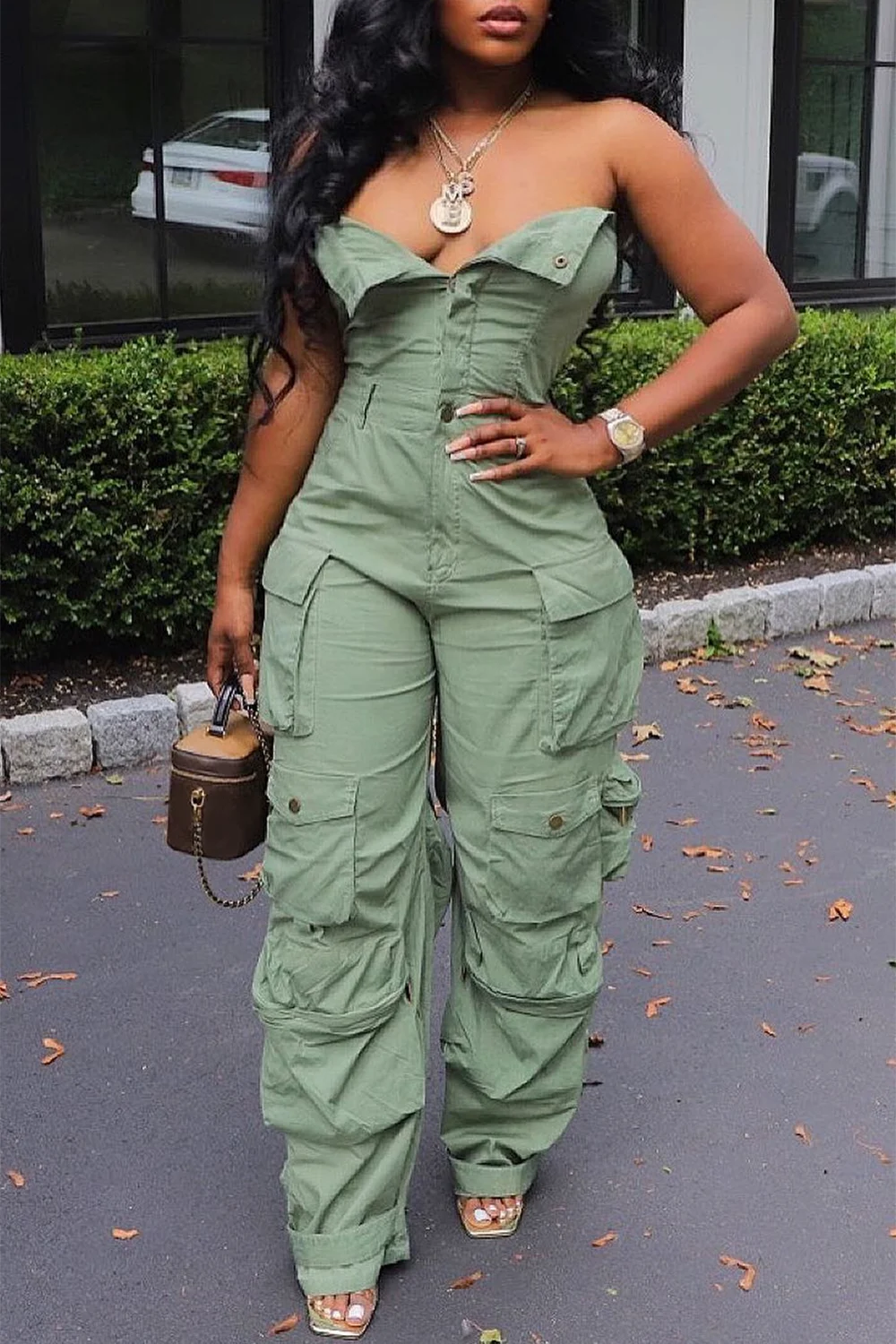 Plus Size Fashion Streetwear Denim Jumpsuit Women\'s Loose Pants Jumpsuit Plus Size Multi-pocket Strapless Jeans