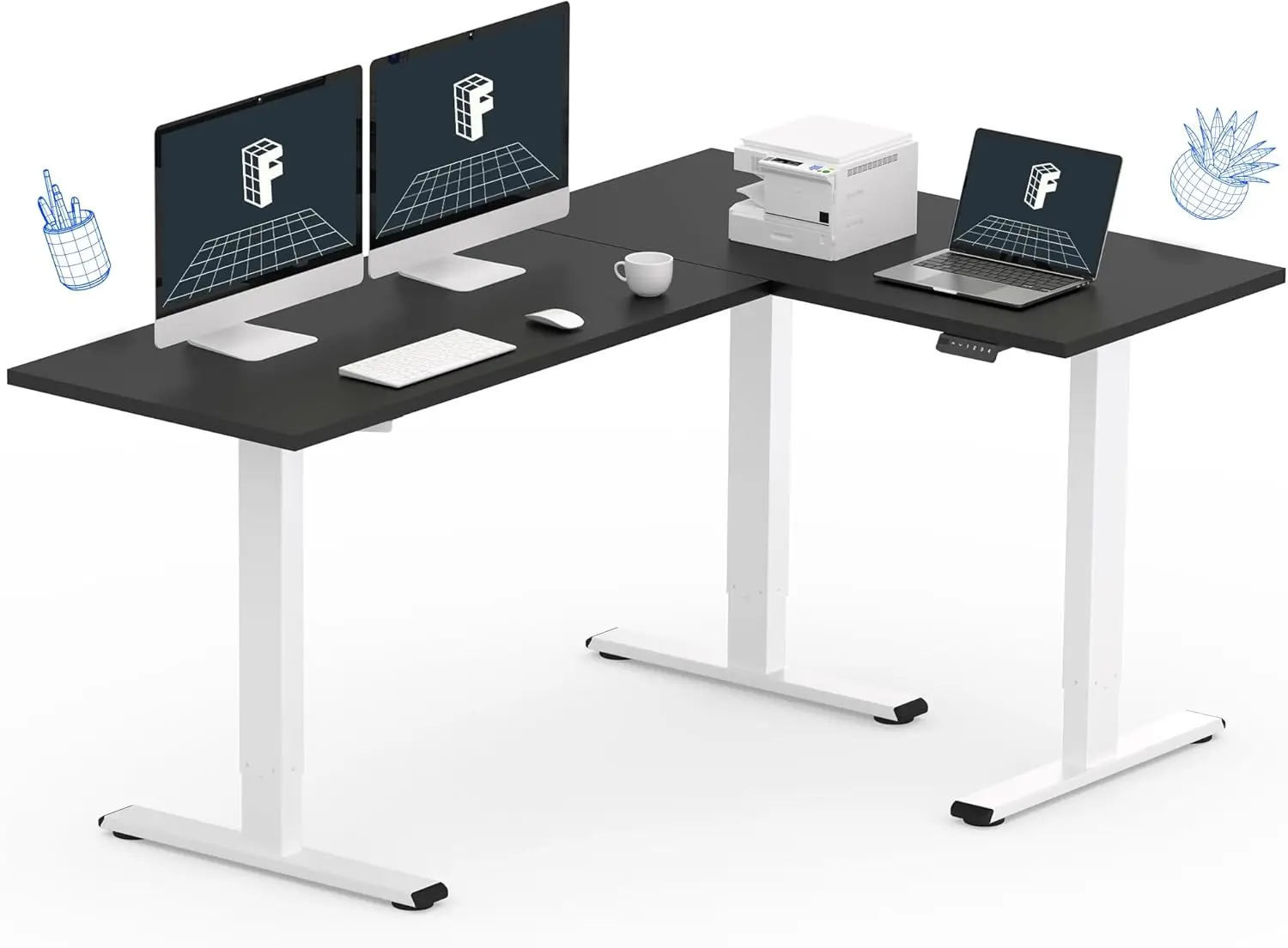 71 inch L-Shaped Standing Desk, Electric Height Adjustable, Sit Stand , Memory Preset Controller, White Frame with Black Top