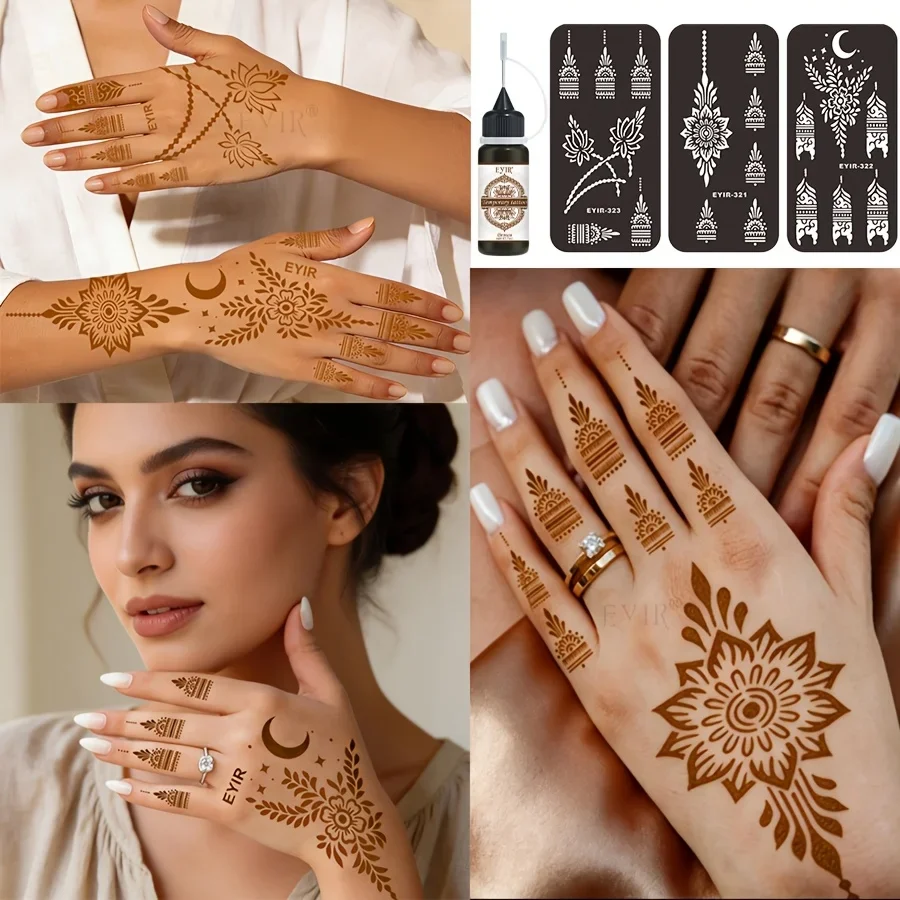 Henna Tattoo Set 3-teilig Temporäres Tattoo-Gel mit Wiederverwendbaren Blumenschablonen DIY Körperkunst Handmalerei Festival Party – Detail 4
