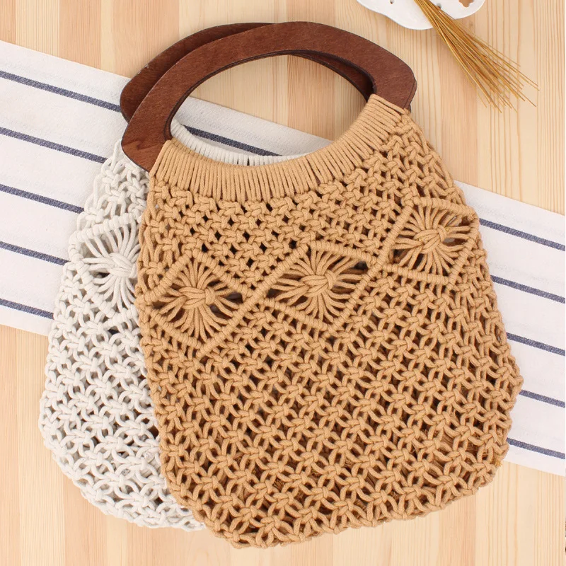 

New handmade cotton rope net bag woven bag portable tide girl Mori hollow straw holiday beach bag