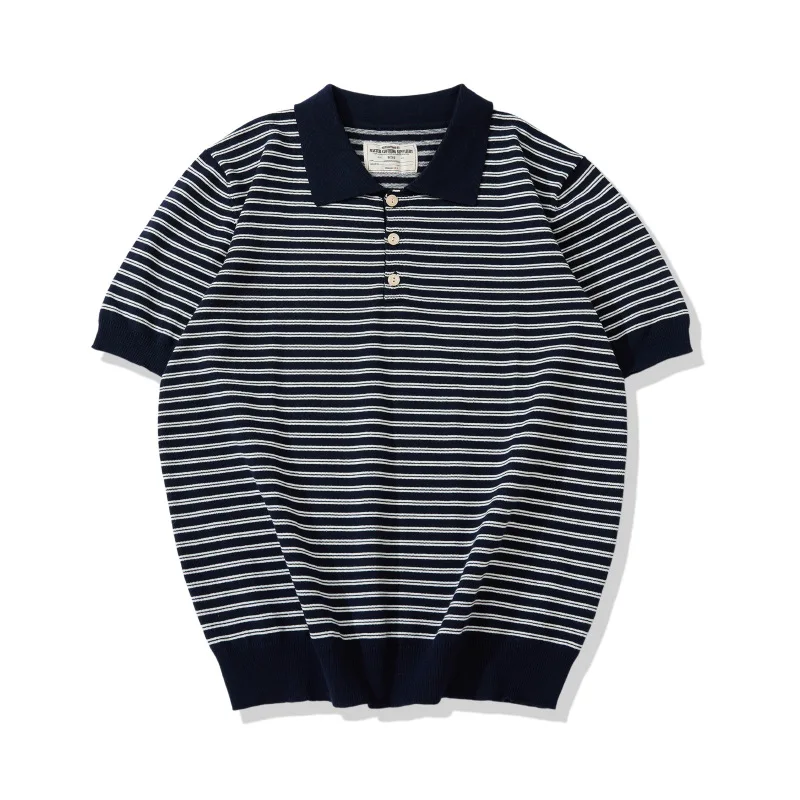 New Amekaji Thick French Casual Lapel Knitted Striped T-shirt Vintage Navy Pinstripe Lapel POLO Shirt