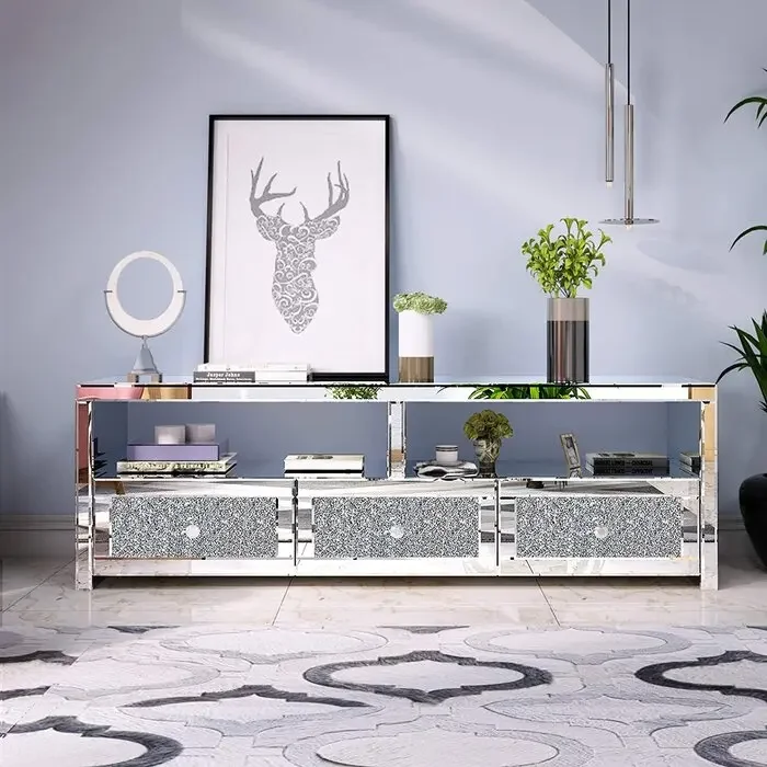 Modern 3 Drawer Mirrored Crystal TV Stand Silver TV Console Table Tv Cabinet For Living Room Hotel Furniture