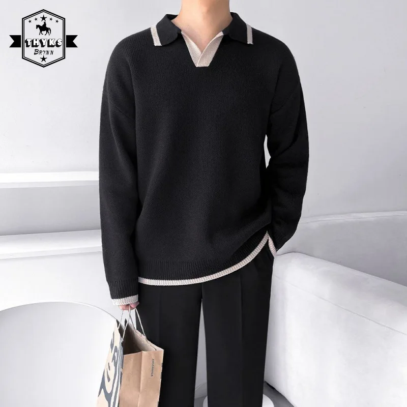 

Untumn Contrast Knitwear Pullover Mens Lapel Sweater Casual Long Sleeved Tops Male Loose Streetwear Solid Simple Knitted Sweater