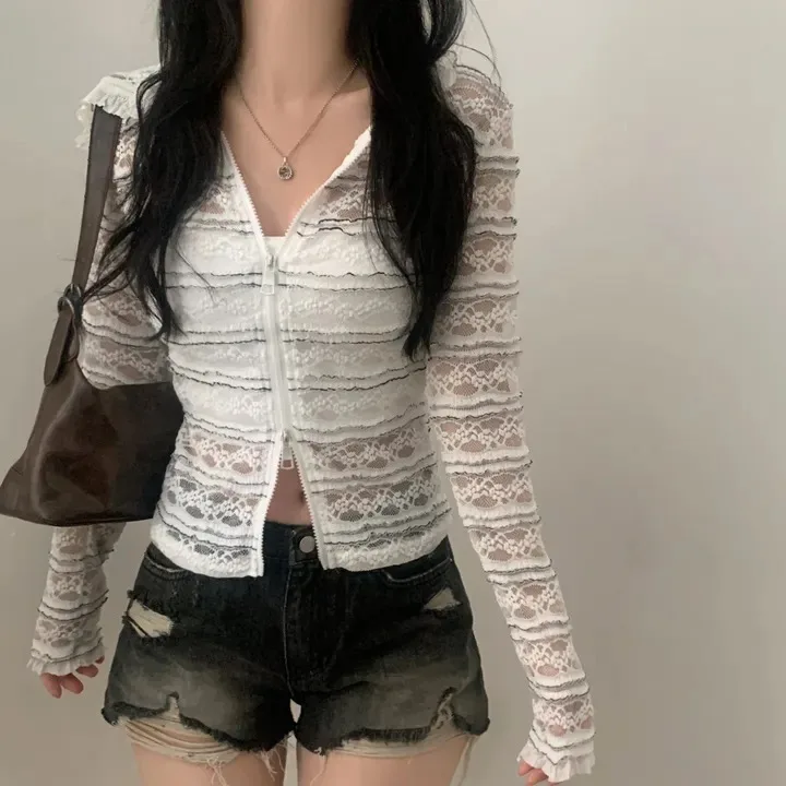 

Korean Sle Lace irt Women's Chic Spring Heavy Work Lace Hooded Slim Double Zipper Sun Protection Open Cardigan ort Top