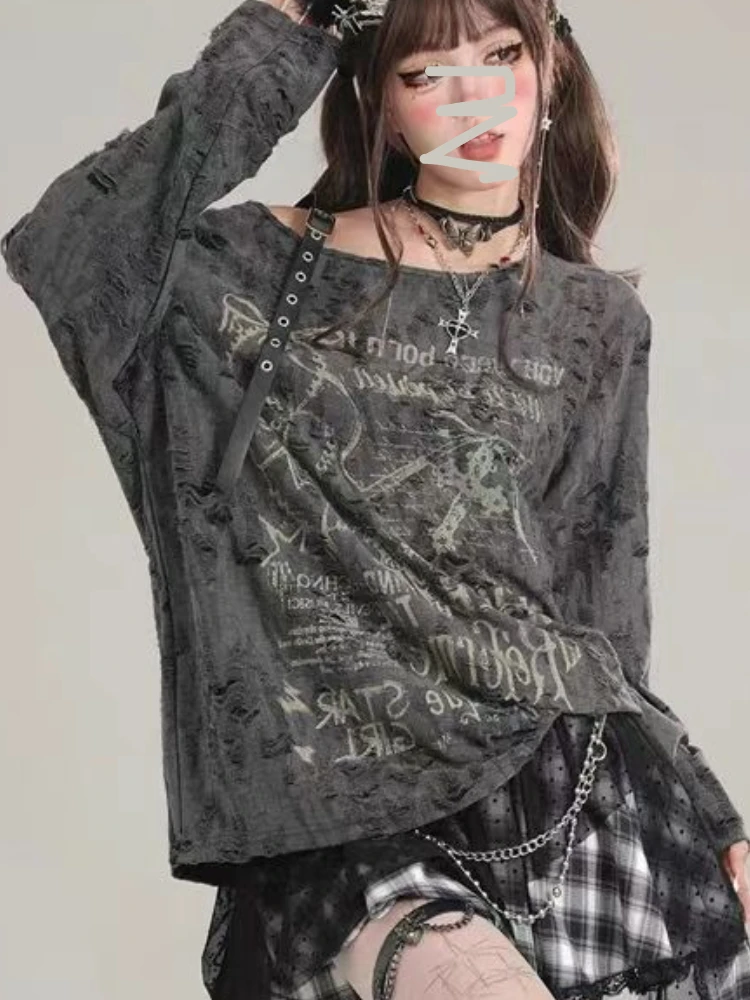 Y2K Ästhetisches Off Shoulder T-shirt Frauen Vintage Gothic Grunge Hot Chick Print Tops Langarm Mode Design Casual Kleidung