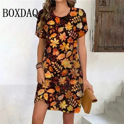 2024 New Autumn Maple Leaves 3D Print Dress Summer Casual Pullover Loose Dresses Women Vintage Short Sleeve Ladies Mini Clothing