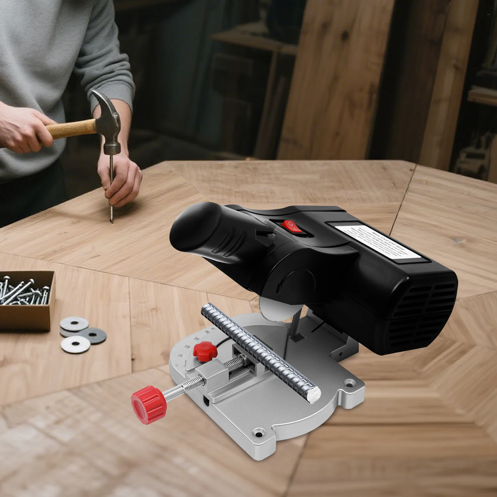 Mini Elektrische Gehrungssäge 6000 U/min Heimwerker-Tischsäge 0 ° -45 °   Verstellbare Metall-Holz-Kunststoff-Stichsäge mit Klemmvorrichtung