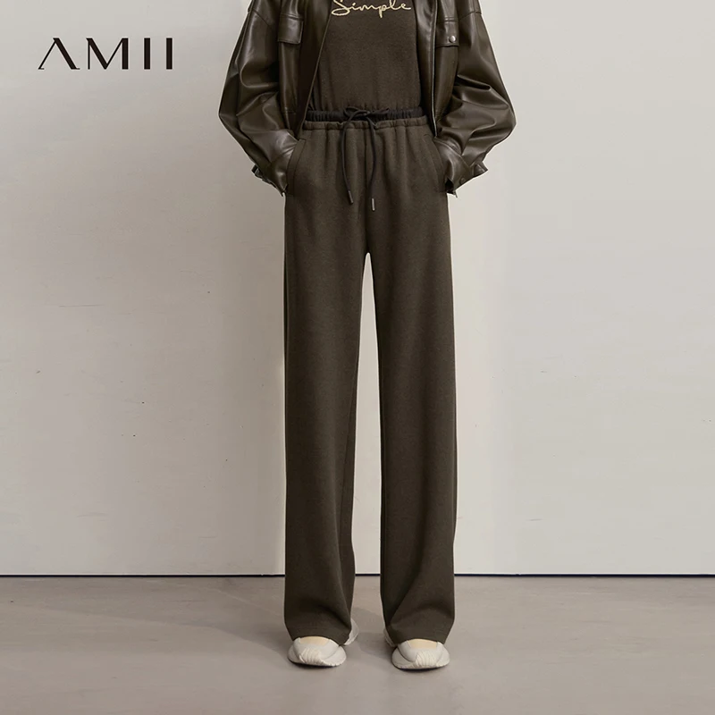 

AMII минималистичные брюки для женщин, зима 2024, новые теплые широкие повседневные брюки для женщин, свободные эластичные универсальные брюки 12524065