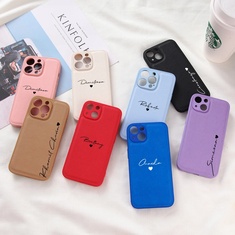 Персонализированный Чехол для телефона с именем и сердцем для iPhone 13 14 Pro Max 12 11 X XS XR, кожаный защитный чехол-накладка «сделай сам»