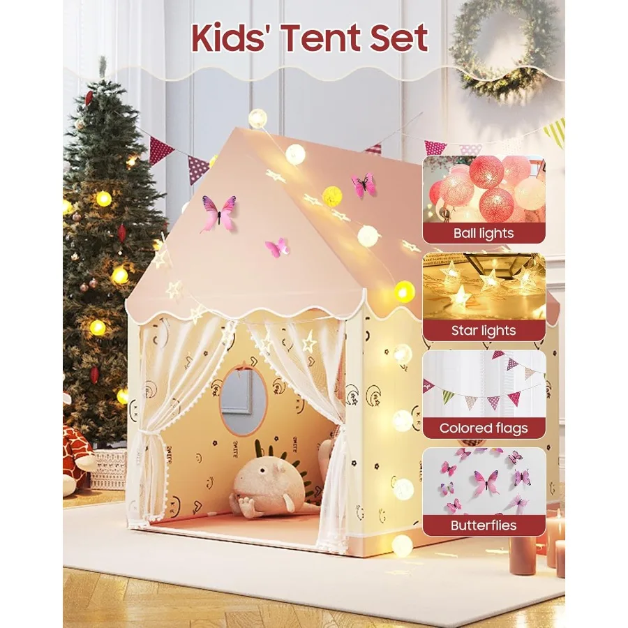 Jogue tenda interior playhouse conjunto com luzes da estrela bola luzes bandeiras coloridas borboletas rosa tenda para meninas criança castelo brinquedo h