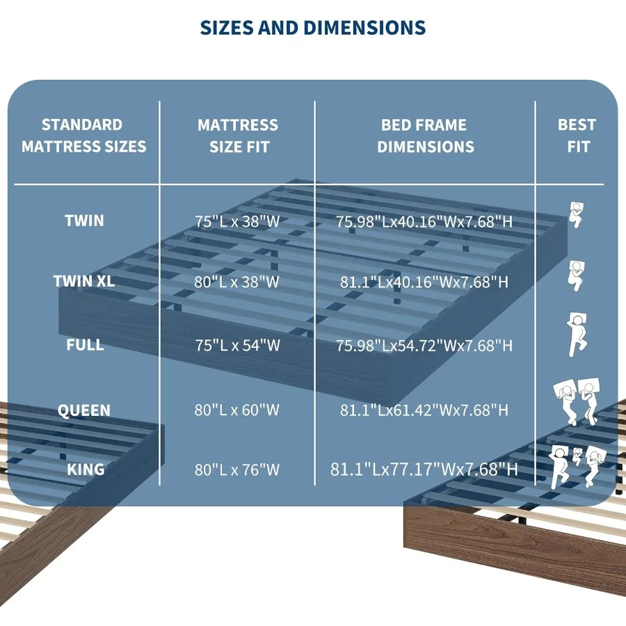 سرير بمنصة خشبية مع شرائح خشبية قوية، إطار سرير قائم على الأرض، تصميم حديث وبسيط، إطار سرير بدون صندوق زنبركي N