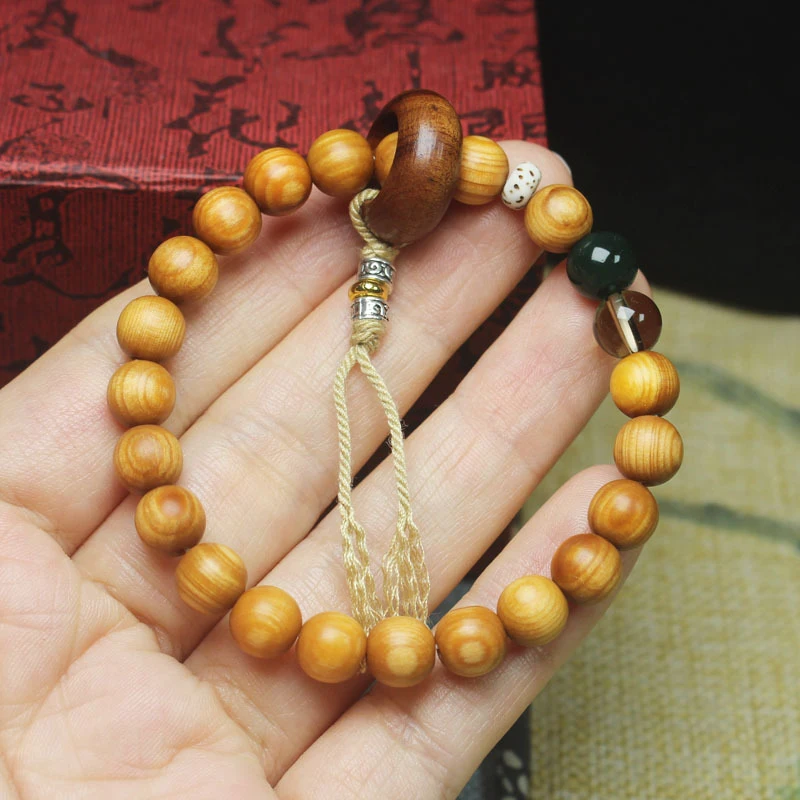 Bamboo wood high-oil content 8mm bracelet with looped cotton cord, Buddhist prayer beads, personalized cultural and artistic acc