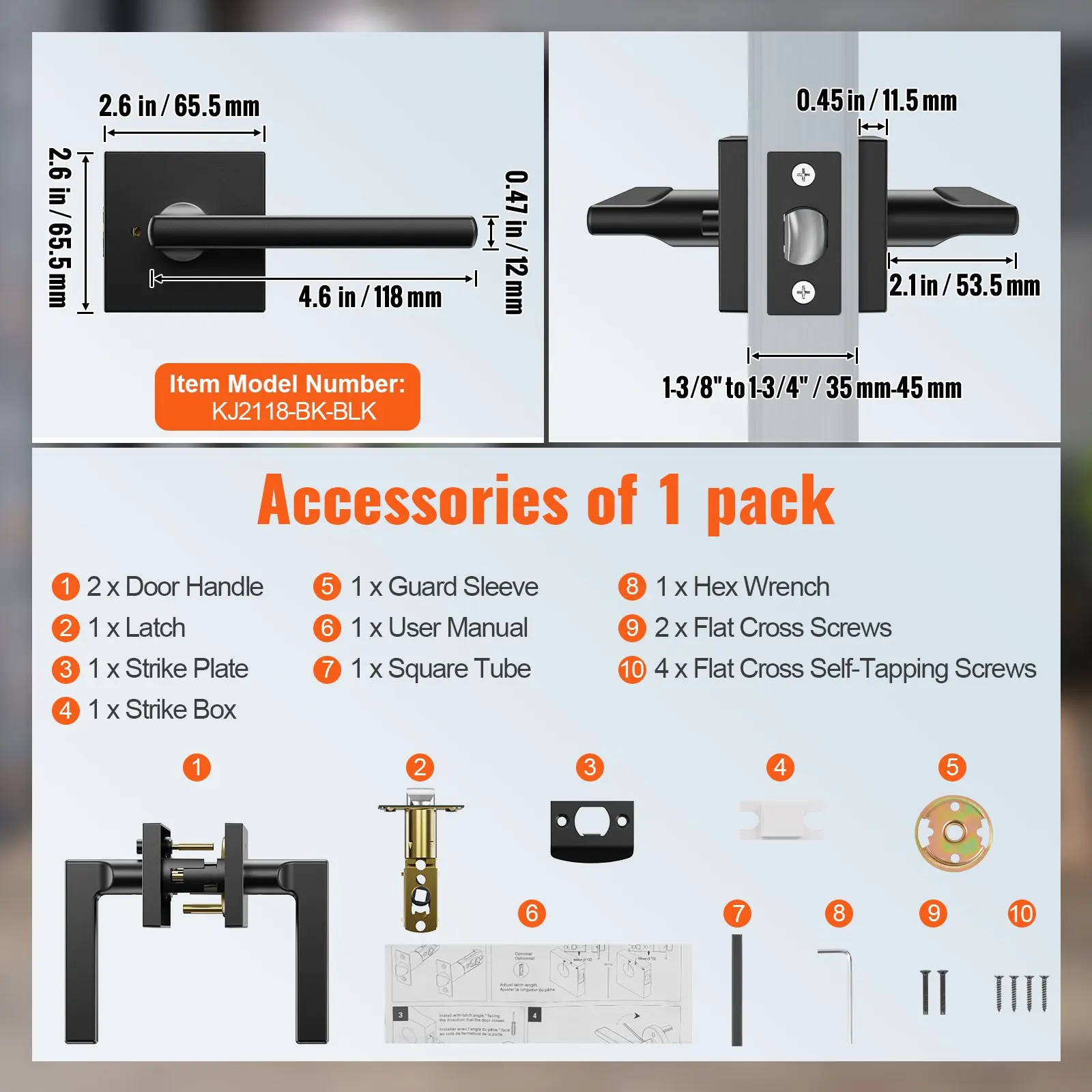 Maniglia per porta privacy 5 pezzi Leva per porta quadrata nera opaca Leva reversibile interna