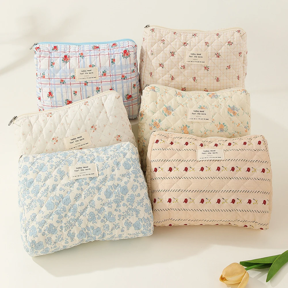 

3Pcs Floral Cosmetic Bag Printed Women Aesthetic Toiletry Purse Large Capacity Zipper Closure Girls Cotton Storage Bag Set