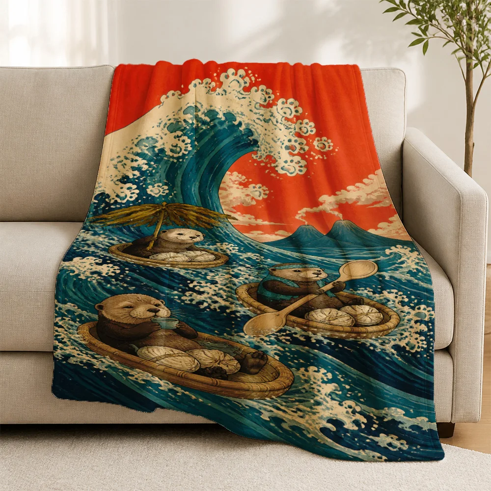 Cute Panda Great Wave Japanese Style Throw Blanket for Sofa Couch Home Decor Cozy Winter Living Room Gift Art