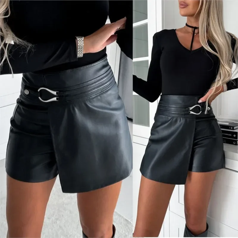 

Black Pu Leather Shorts Skirts Women Buttons Asymmetrical New Short Leather Pants High Waist Pu Leather Buckled Mini Skirts