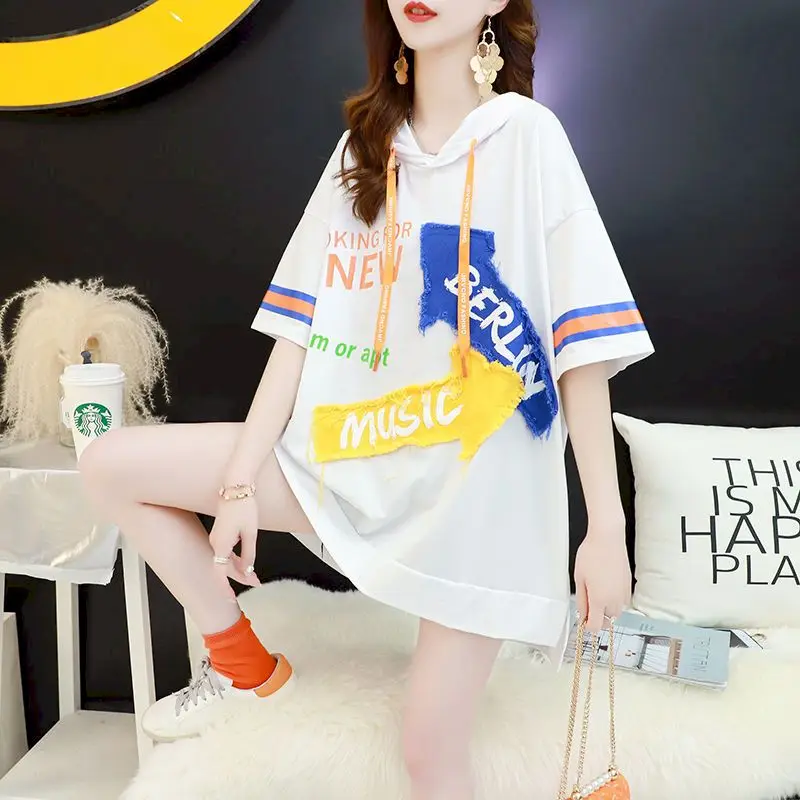 Splicing Hooded Short-sleeved T-shirt Women's 2024 Summer Personality Fashion Korean Loose Thin Half-sleeved T Shirt Top Clothes