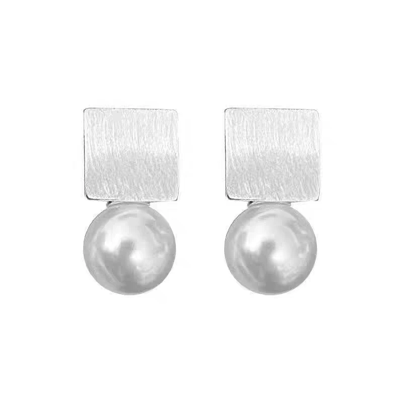 Foxanry Scrub Square Geometric Pearl Stud Earrings For Women Simple Fashion Classic Sweet Elegant Gentle Engagement Jewelry Gift