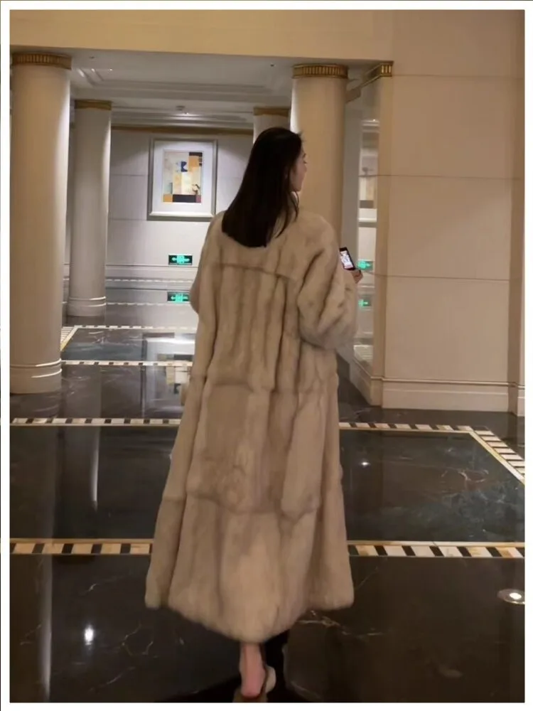 Hot Sales Lapel Collar Real Fur Overcoat Women Rabbit Fur Streetwear Real Rabbit Fur Long Coat Luxury Winter Warm Outerwear