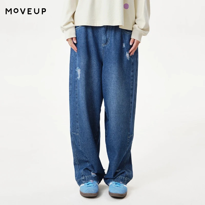MOVEUP Women's Straight Leg Jeans 2026 Autumn Back Elastic Waist Diagonal Pockets Distressed Ripped Loose Denim Pants 3ELQ40301