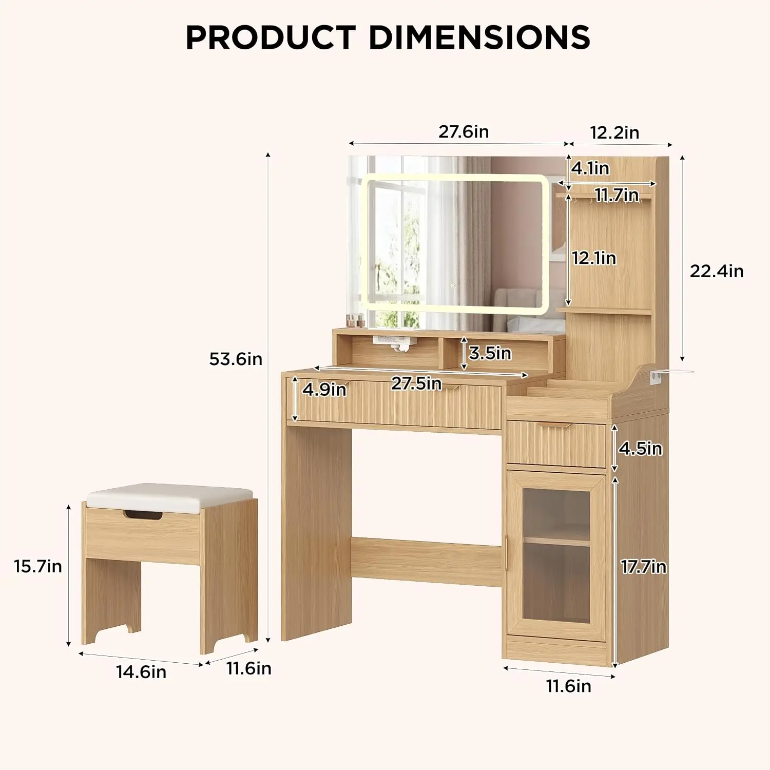 Fluted Makeup Vanity with Lighted Mirror & Storage Stool, Oak, Customized