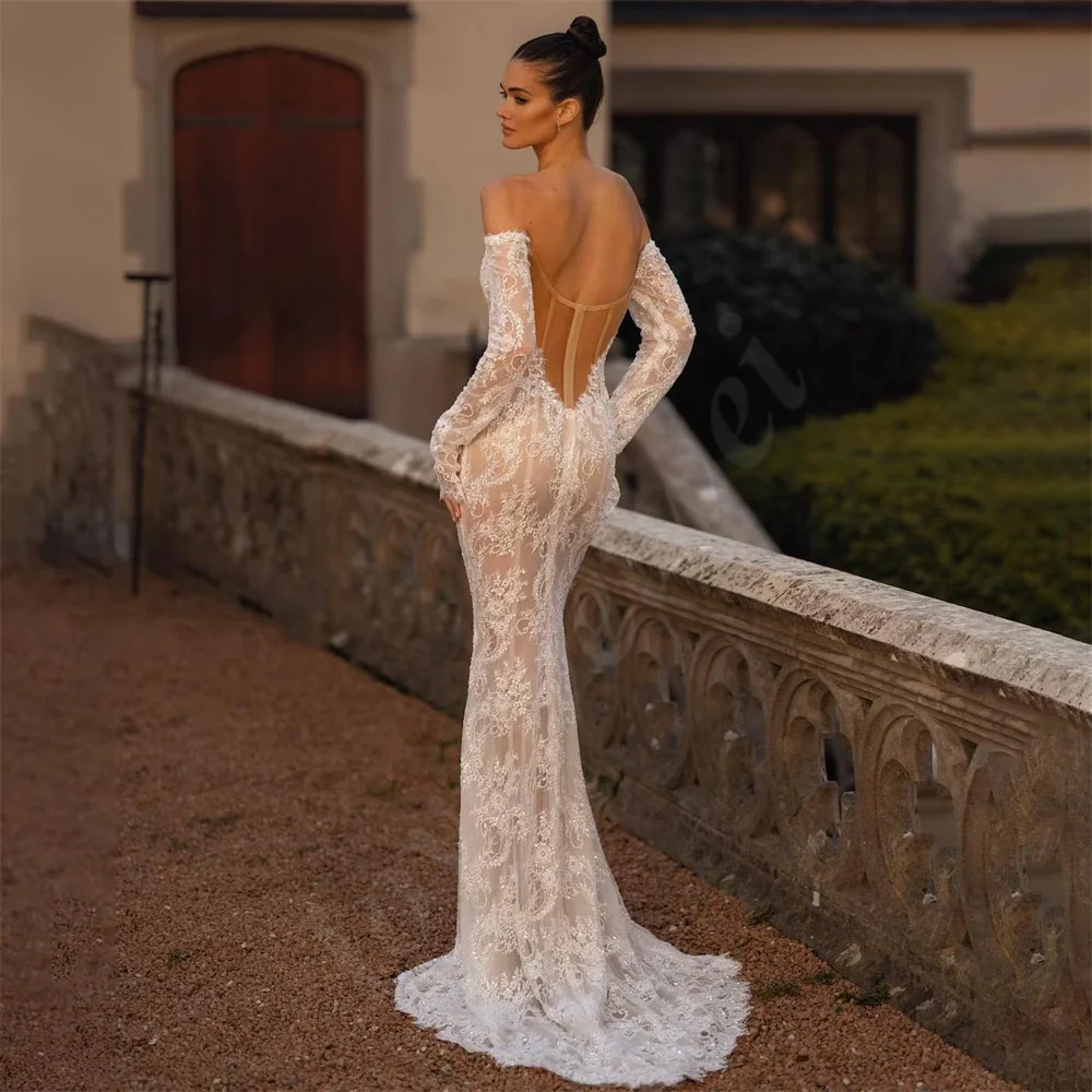 Affascinanti abiti da sposa in pizzo a sirena con maniche lunghe abito da sposa a cuore da donna abiti da sposa Sexy senza schienale con spalle scoperte