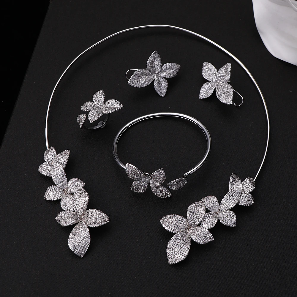 Exquisite Flower Micro Paved Cubic Zirconia necklace ring bracelet earrings set For Bridal Luxury Jewelry For Women S642