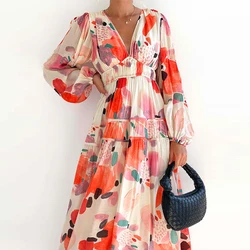 New 2023 Autumn Long Sleeved Pleated Party Dress Casual High Waist Holiday Maxi Dress Ladies V-neck Floral Print Bohemian Dress