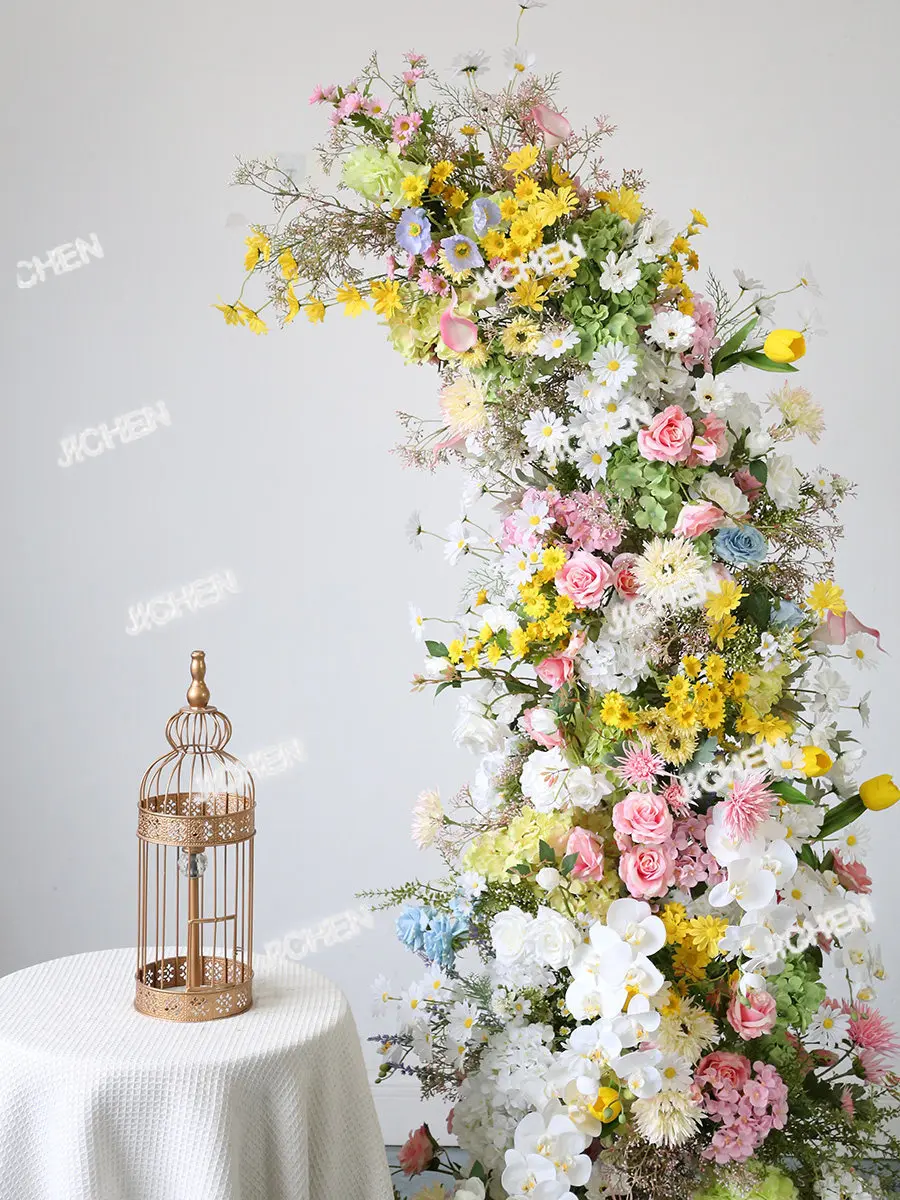 

Neu yellow and pink 2m artificial flower arch floral arrangement, suitable for spring wedding event party background decoration