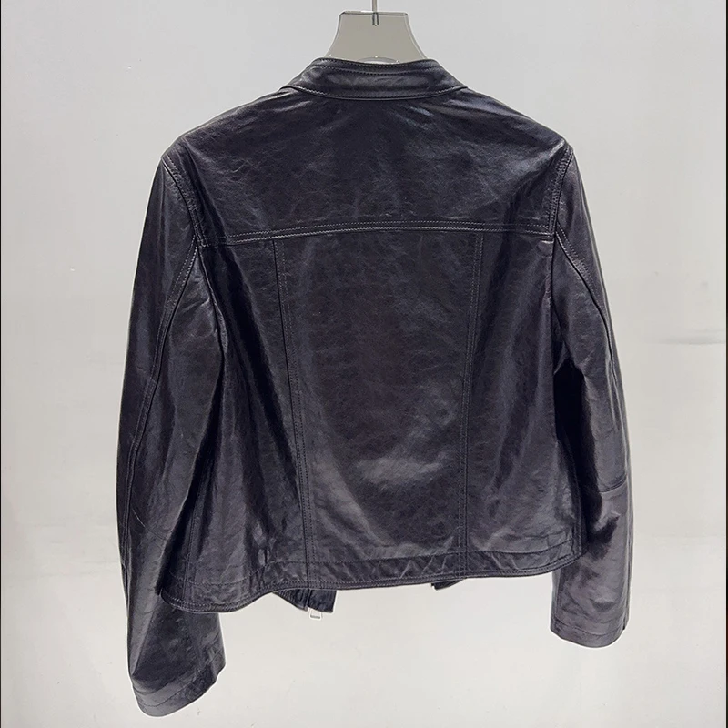 カジュアルオイルワックスレザー女性の本革ショートジャケット 2026 春スタンドカラージッパー女性スリムフィットシープスキンジャケットトップス