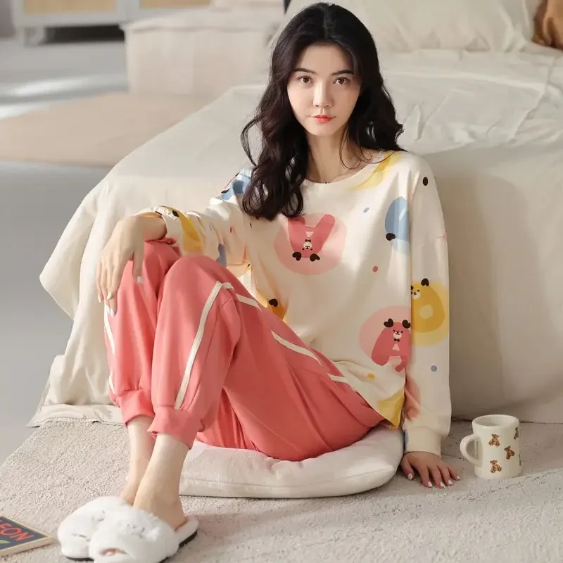 

2024 New Pajama Women's Spring Autumn 100% Pure Cotton Sleepwear Long Sleeved Casual Loungewear Student Round Neck Homewear Set