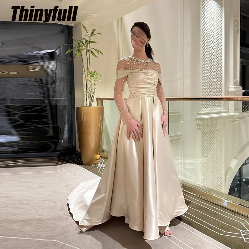 

Thinyfull A-line Satin Prom Dresses O-neck Full Sleeves Crystal Evening Gowns 2026 Long Formal Dress Robe De Soirée Customized