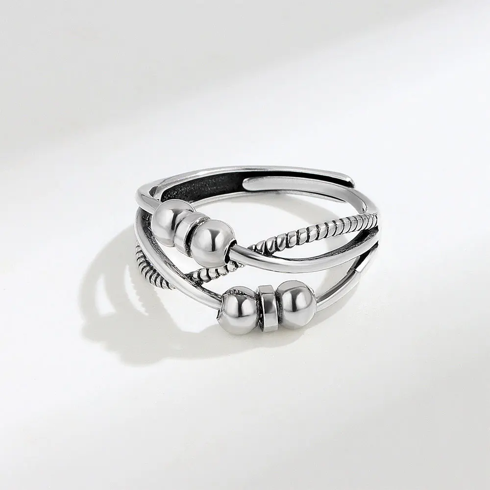 Round Bead Rotating Anxiety Luxury Woman Ring Twisted Fidget Metal Spinner Anxiety Relief Spinning Anti Stress Ring Bague Femme