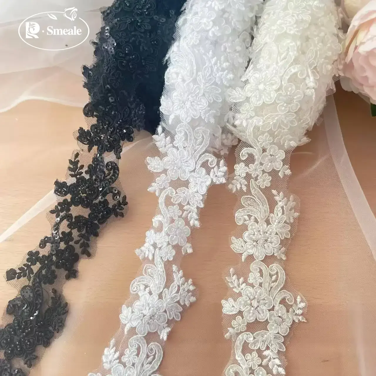 5Yards/lot Beaded Bridal Flower Lace Trim, DIY Veil, Sewing Accessories, High Quality Rayon, Wedding Dress RS1338