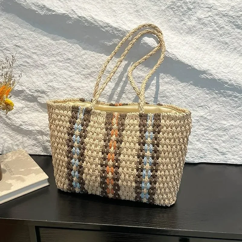 Sac fourre-tout en paille pour femme, sac de plage tissé à la main à une épaule, grande capacité, accessoire de vacances en bord de mer