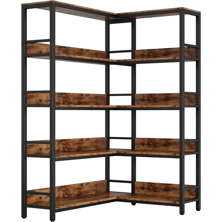 

Industrial Bookshelves 5 Tiers Corner Bookcases with Baffles Etagere Shelf Storage Rack with Metal Frame for Living Room Home