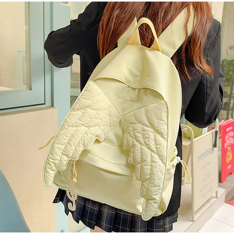 Stylish Angel Wing Backpack Sweet School Bag Simple Nylon Lightweight Maxi Travel Bag Korean Zipper Shoulder Bag Casual Tote Bag image 3