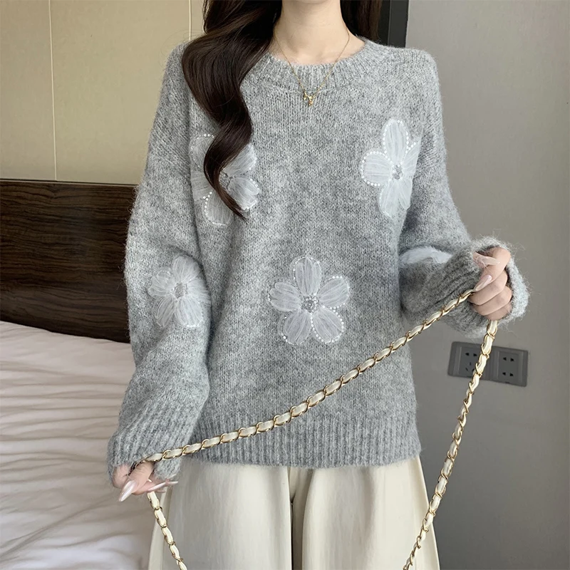 

Модные серые свитера с 3D цветочным принтом, пуловеры, женские корейские вязаные свитера с длинным рукавом и круглым вырезом, элегантные утепленные джемперы с круглым вырезом